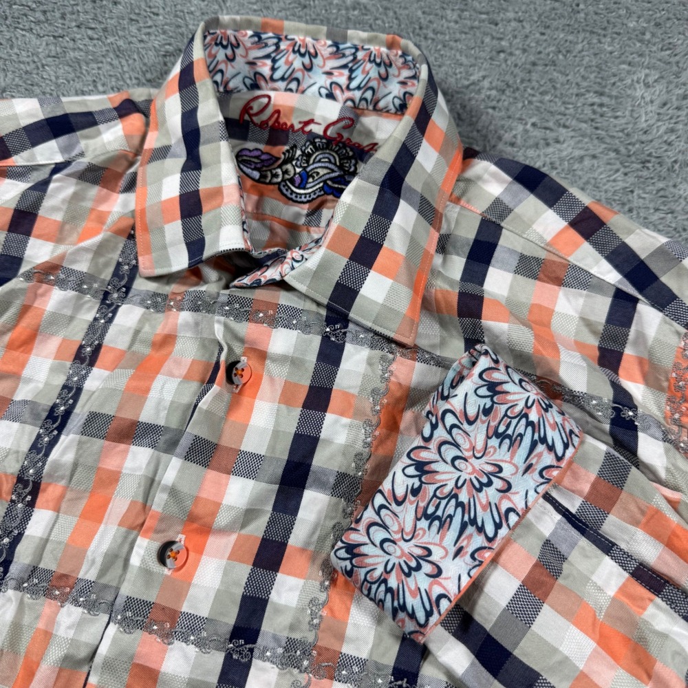 Robert Graham Button Down Shirt Mens Large Orange Plaid Classic Fit Flip Cuff